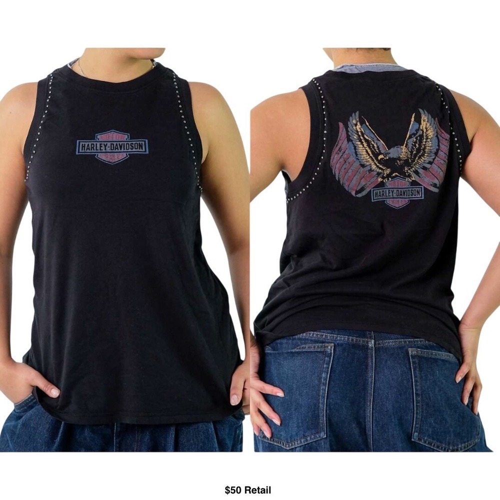 HARLEY-DAVIDSON Studded Muscle Tank Top XL Black Cotton Biker Americana Eagle